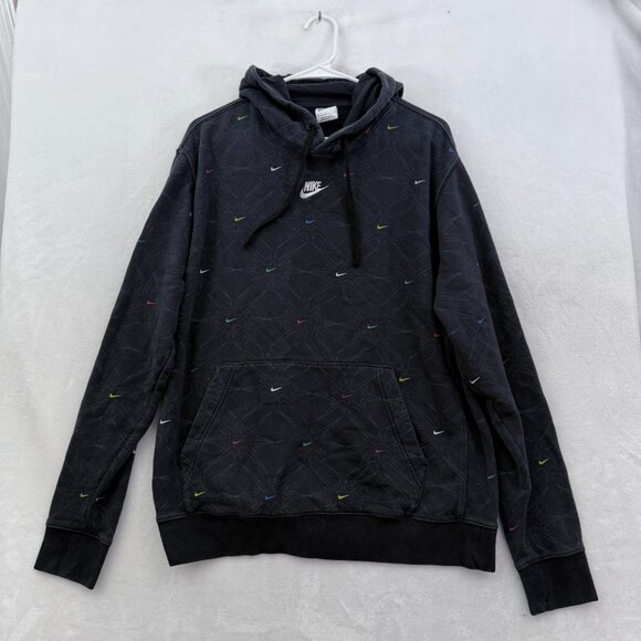 Nike Hoodie Mens L Black Geometric Embroidered Logo Fleece Pullover - Picture 1 of 10